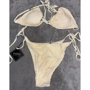 Zaful Swimsuit 2 Piece Bikini Set Women M Cream Lined Adjustable Side Tie Detail